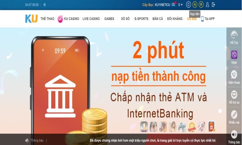 Nạp tiền KU11 qua internet banking